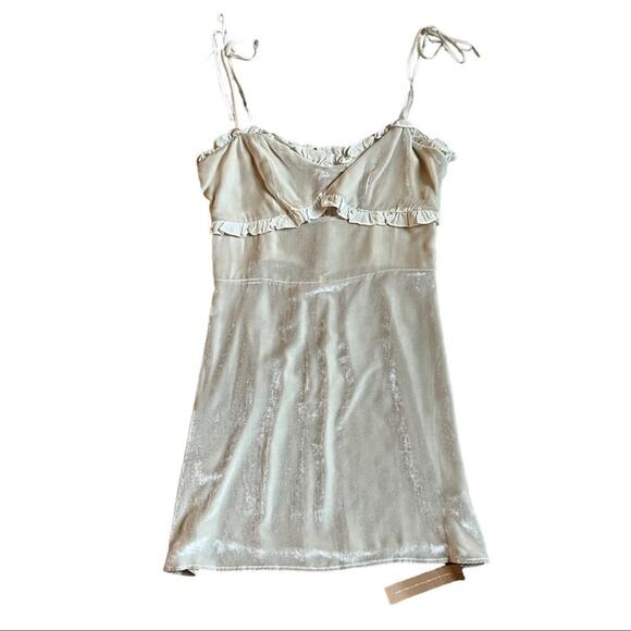 Reformation Bev Almond White Scalloped Bust Keyhole Tie Strap Velvet Mini Dress - Picture 2 of 10